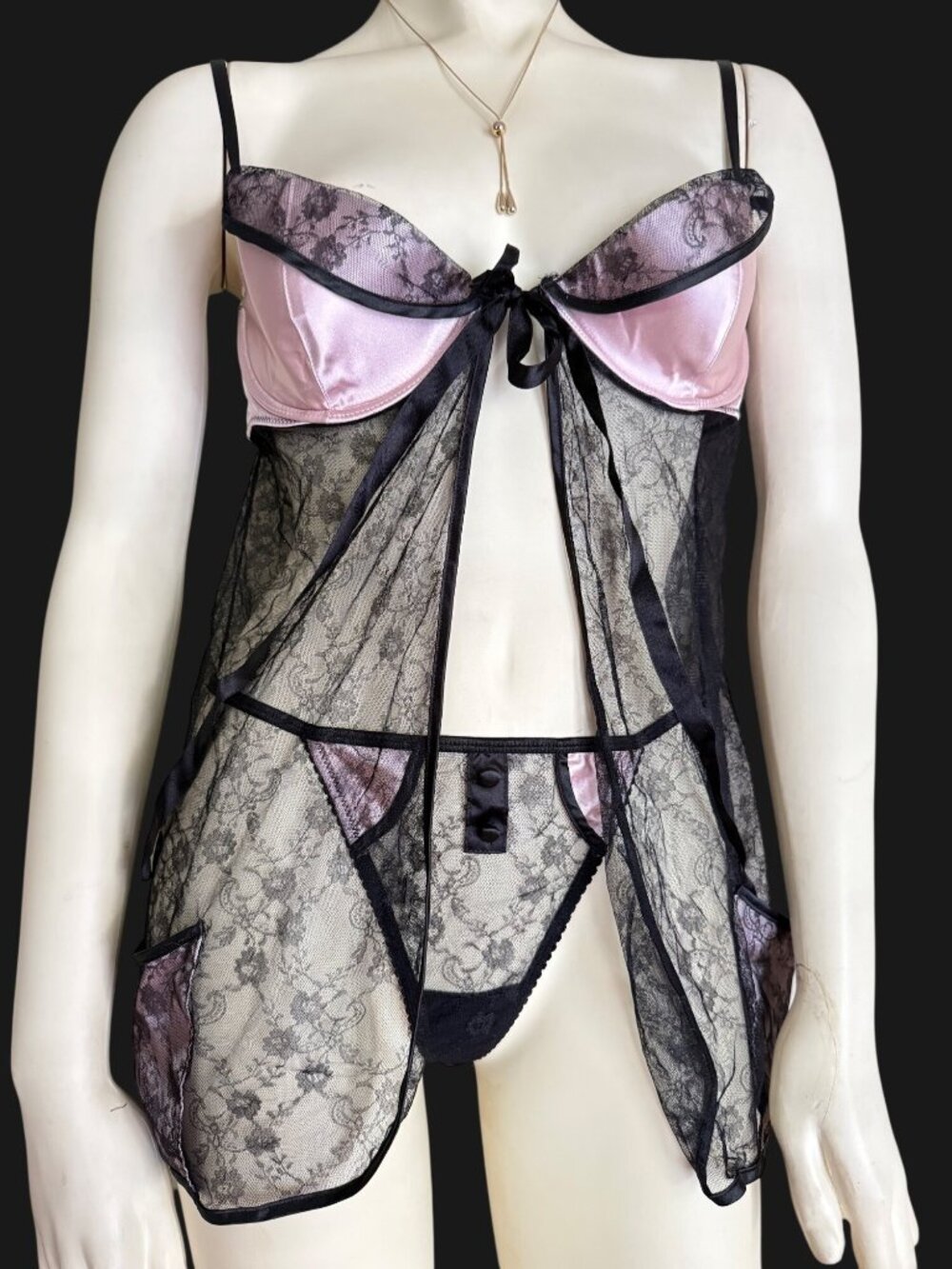 size 36C Victoria's Secret black lace teddy lingerie pink satin cup chemise